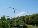 This is a shot of two of the antennas at my portable setup: the three-element Six Meter Yagi and the three-element Two Meter Yagi that I used for 144 and 432 MHz.