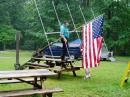 CAN'T HAVE FIELD DAY WITHOUT AT LEAST ONE OR TWO ROTATABLE ANTENNAS.  THIS ONE IS FOR VHF AND UHF WITH BILL W3AOK AND CHUCK K3QLY ENSURING OUR FLAG IS SAFE AND SECURE