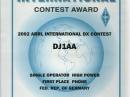 Thanks thanks thanks to all active ARRL contest peoples from the last year. I had so much nice QSOs and I broke my own QSO record in the ARRL International DX Contest and the result pushed me up to the first place in Germany. It was a really surprise and the award took a nice place in my shack.
It was a hard work in 2003 as well. The DX conditions not good enough to reach the same points like last year. But everybody have the same bad conditions and let see..
