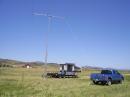 20M CW station - a Force12 tower, Force 12 20M monobander attached to the ramp of an RV.