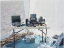 Station inside the sunshade. Radio on the left is an FT-847, and the radio on the right is an FT-480 used as an IF for the 220 transverter on the floor to the left, and the 1296 transverter on the right. Under the FT-480 is an IF switch box used to select the 220 or the 1296 transverters for quick band changing. On top of the FT-847 is a 45 Amp AC power supply and then the rotor controller. Laptop to the left for keeping score.